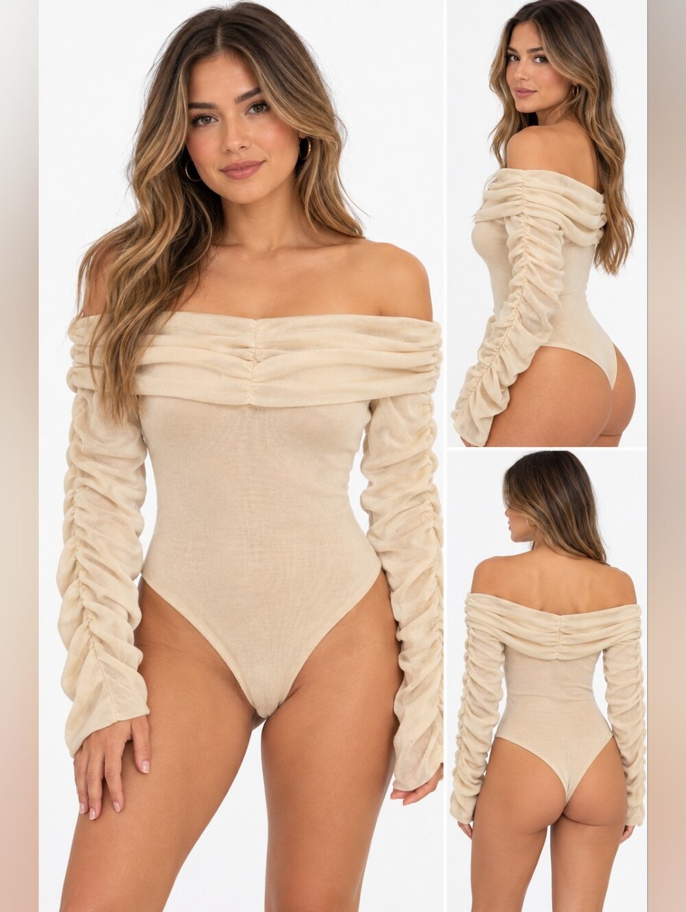 Privy Women’s Off-Shoulder Ruched Long Sleeve Bodysuit Cream Beige Stretch Top